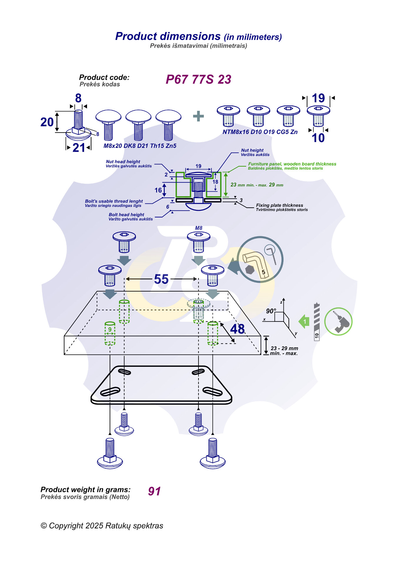 4 vienetai – M8 x 20 Zn5 Varžtas, kupolo galva + 4 vienetai – NT M8 x 16 Zn T-formos veržlė - Image 2