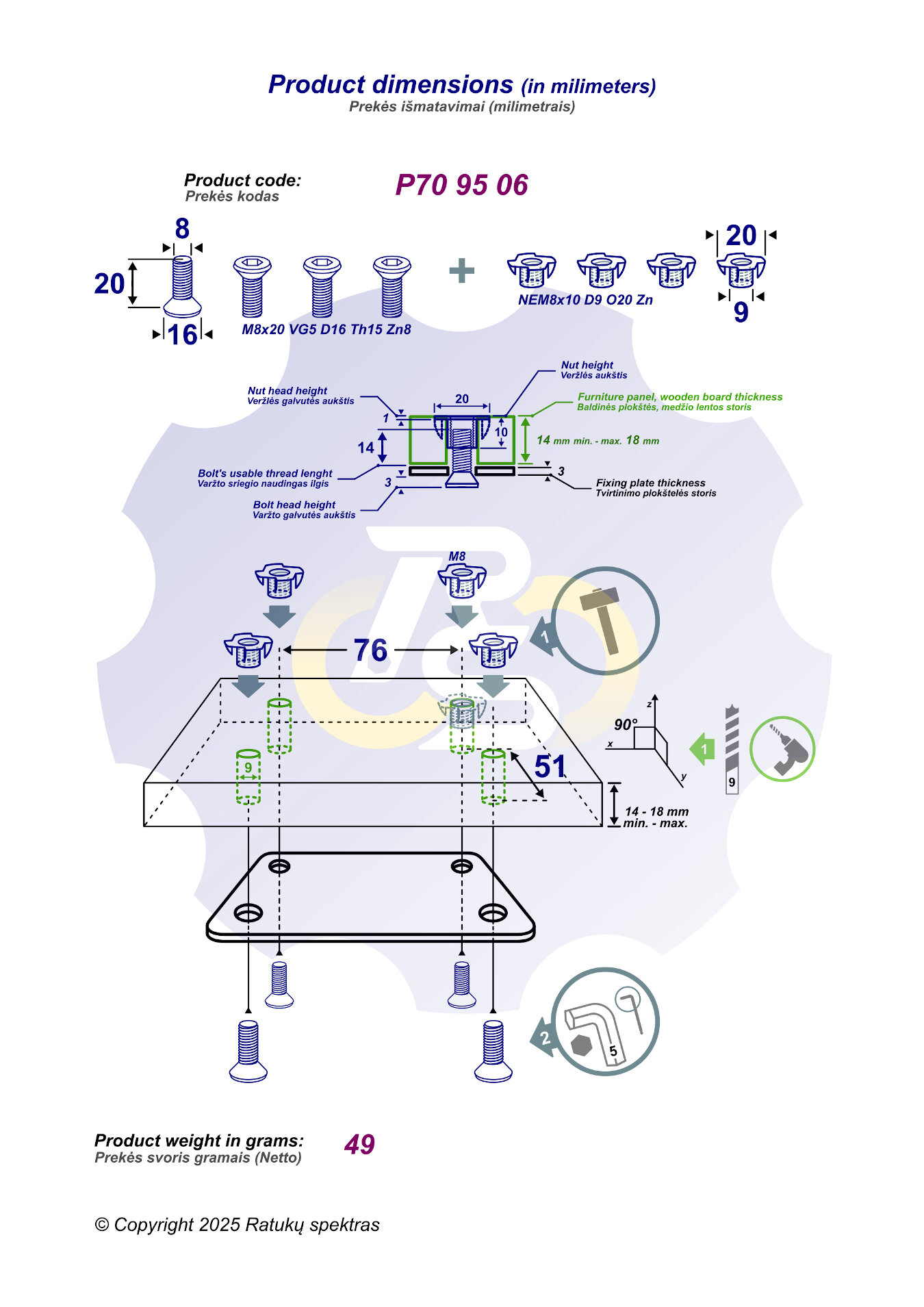 4 vienetai – M8 x 20 Zn Varžtas įleidžiama galva + 4 vienetai – NEM8x10 Įkalama veržlė - Image 2
