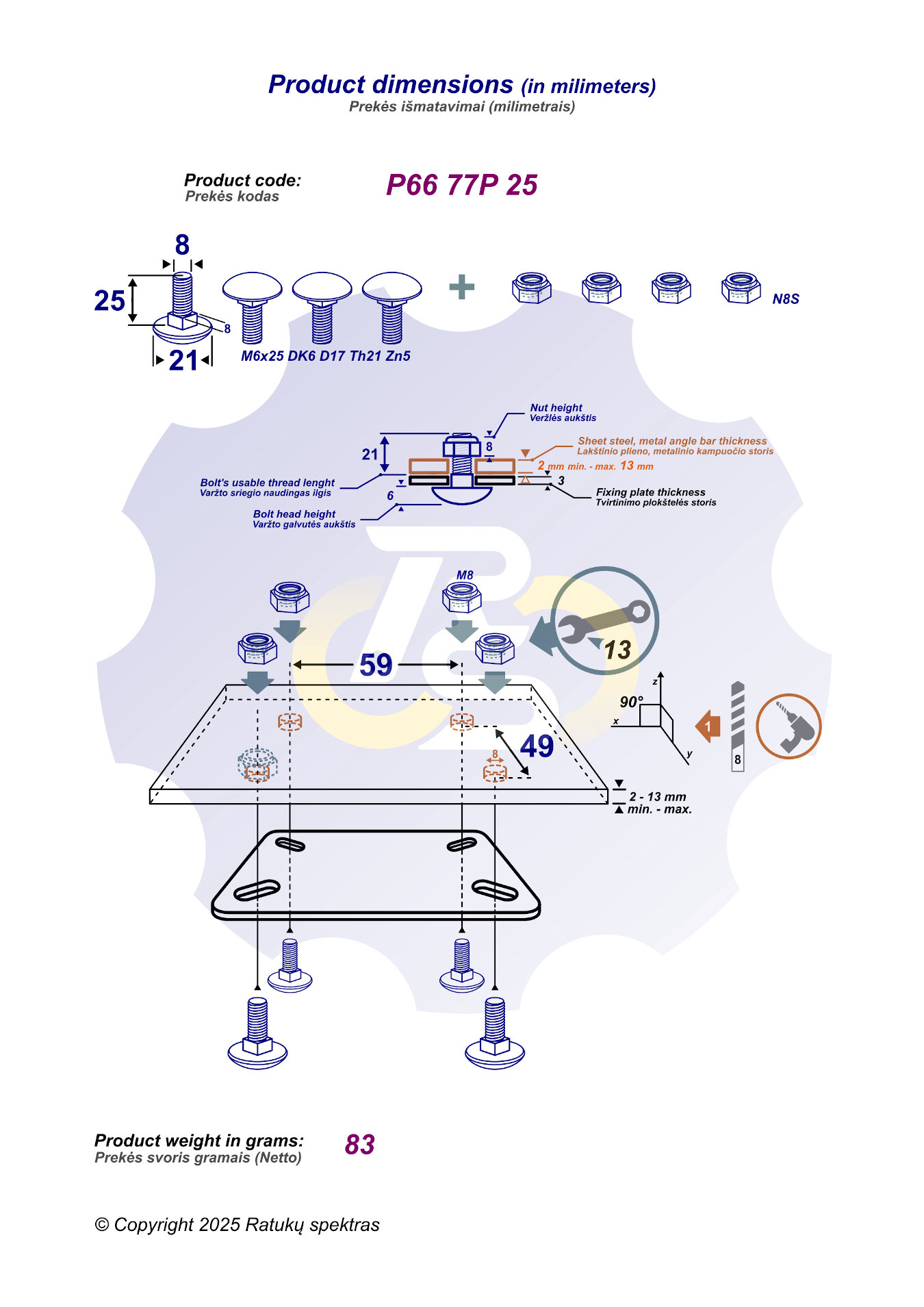 4 vienetai – M8 x 25 Zn5 Varžtas, kupolo galva + 4 vienetai – N8S Veržlė - Image 2