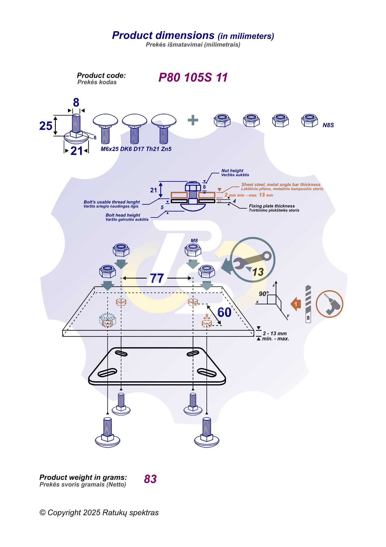 4 vienetai – M8 x 25 Zn5 Varžtas, kupolo galva + 4 vienetai – N8S Veržlė - Image 2