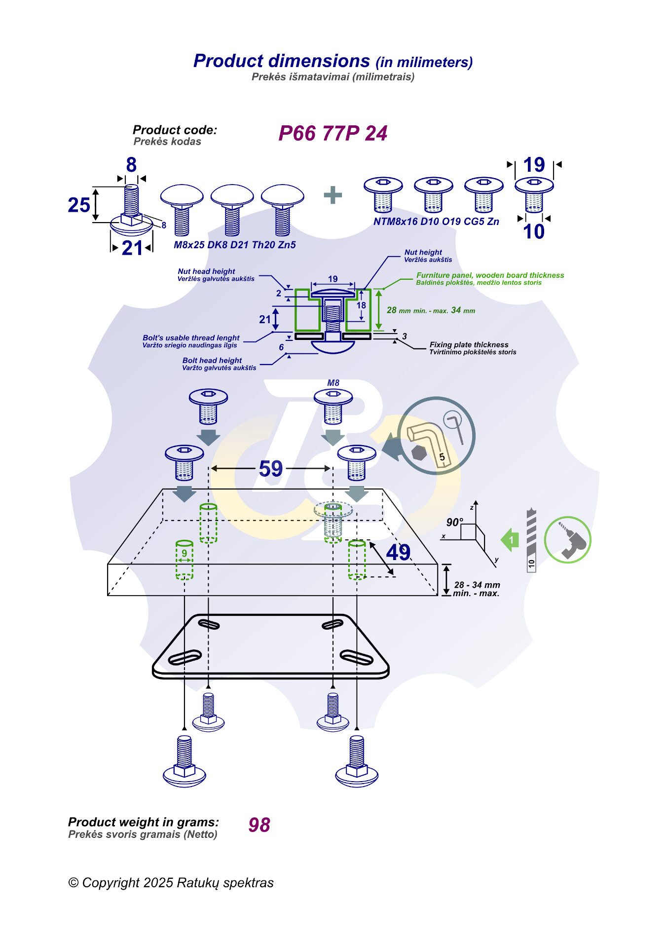 4 vienetai – M8 x 25 Zn5 Varžtas, kupolo galva + 4 vienetai – NT M8 x 16 Zn T-formos veržlė - Image 2