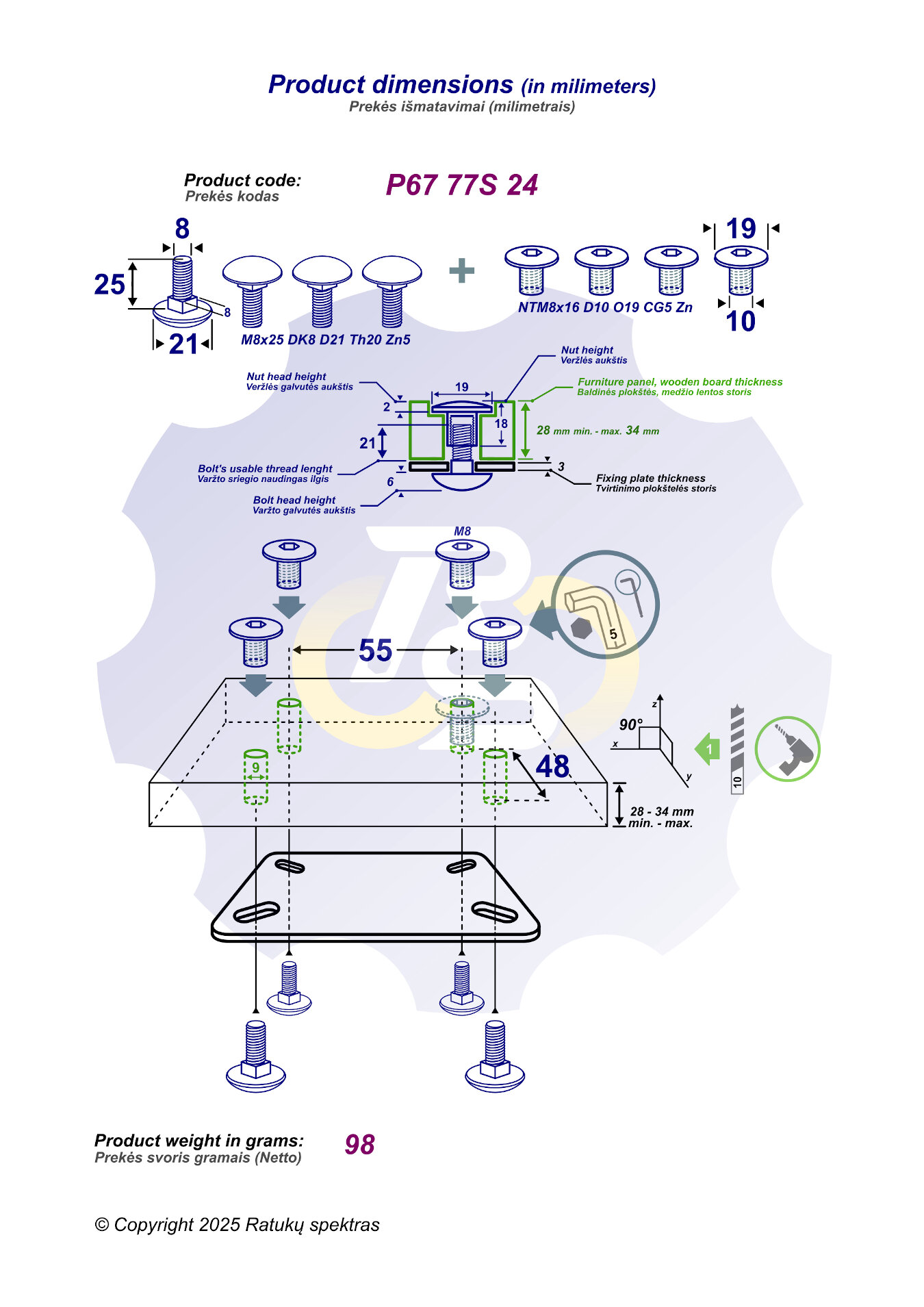 4 vienetai – M8 x 25 Zn5 Varžtas, kupolo galva + 4 vienetai – NT M8 x 16 Zn T-formos veržlė - Image 2