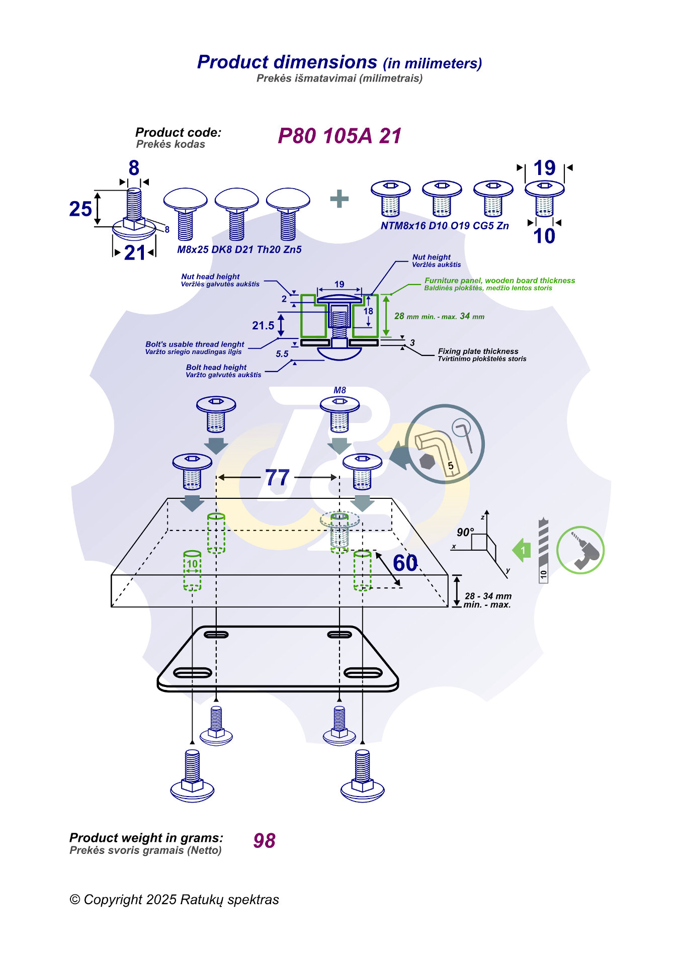 4 vienetai – M8 x 25 Zn5 Varžtas, kupolo galva + 4 vienetai – NT M8 x 16 Zn T-formos veržlė - Image 2