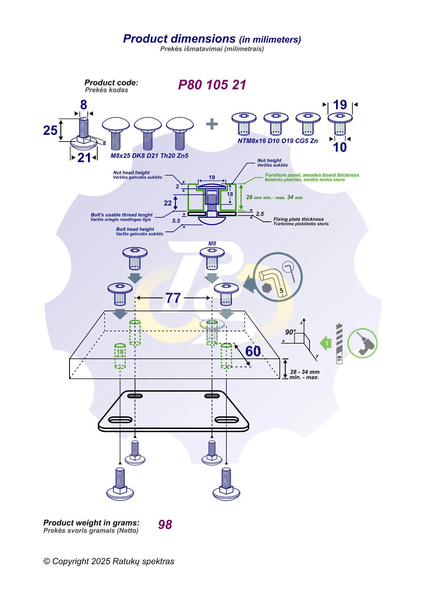 4 vienetai – M8 x 25 Zn5 Varžtas, kupolo galva + 4 vienetai – NT M8 x 16 Zn T-formos veržlė - Image 2