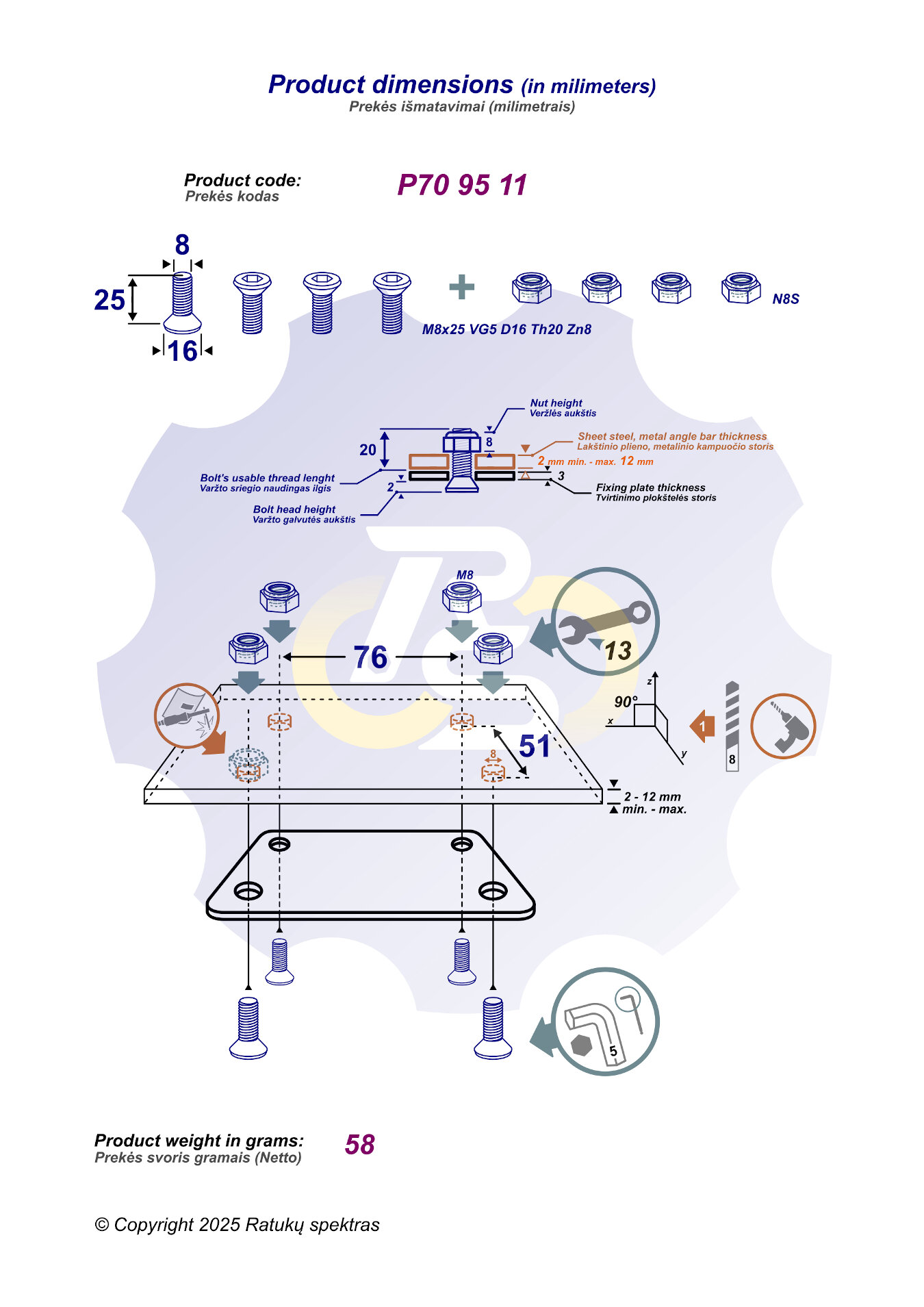 4 vienetai – M8 x 25 Zn Varžtas įleidžiama galva + 4 vienetai – N8S Veržlė - Image 2