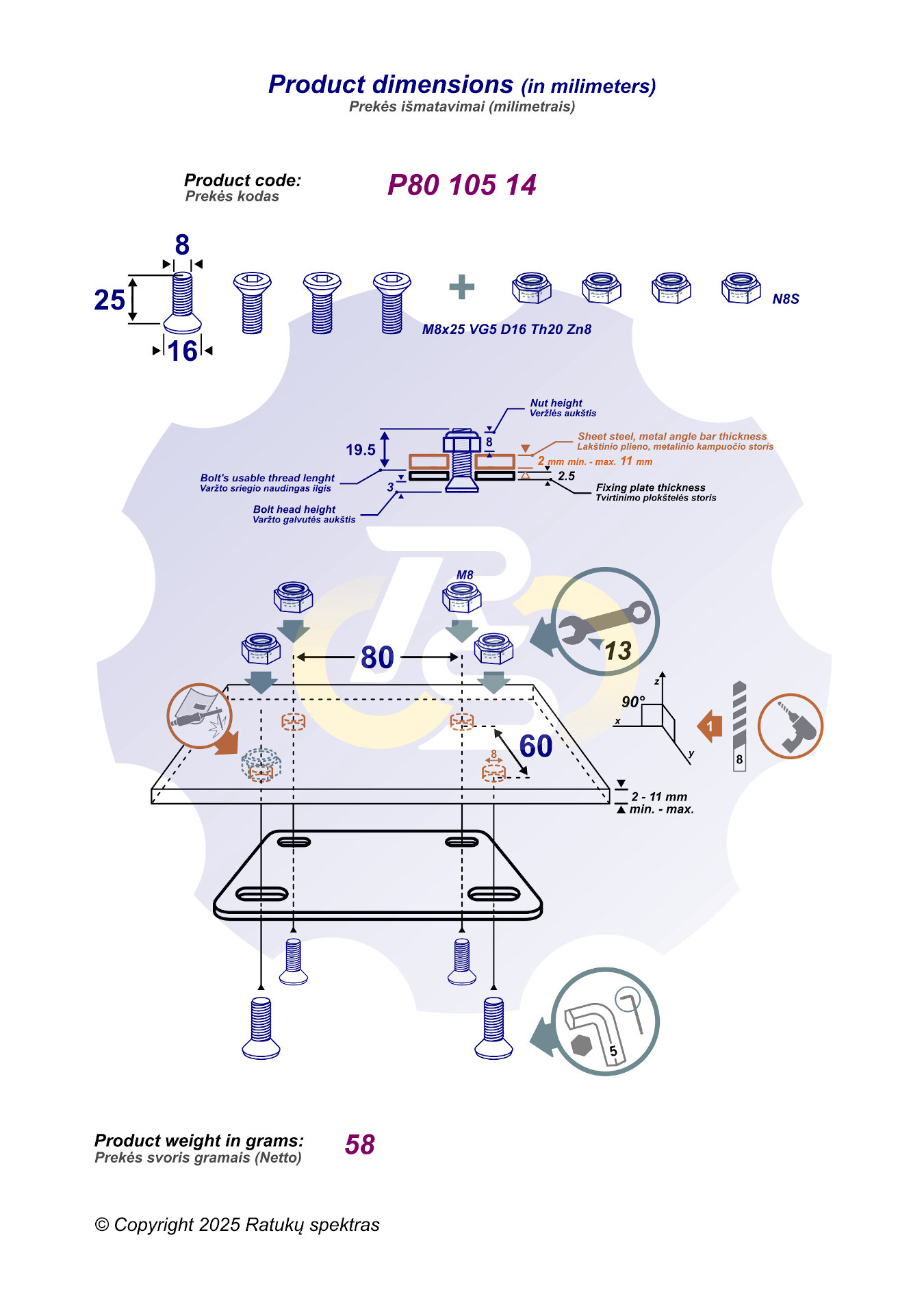 4 vienetai – M8 x 25 Zn Varžtas įleidžiama galva + 4 vienetai – N8S Veržlė - Image 2