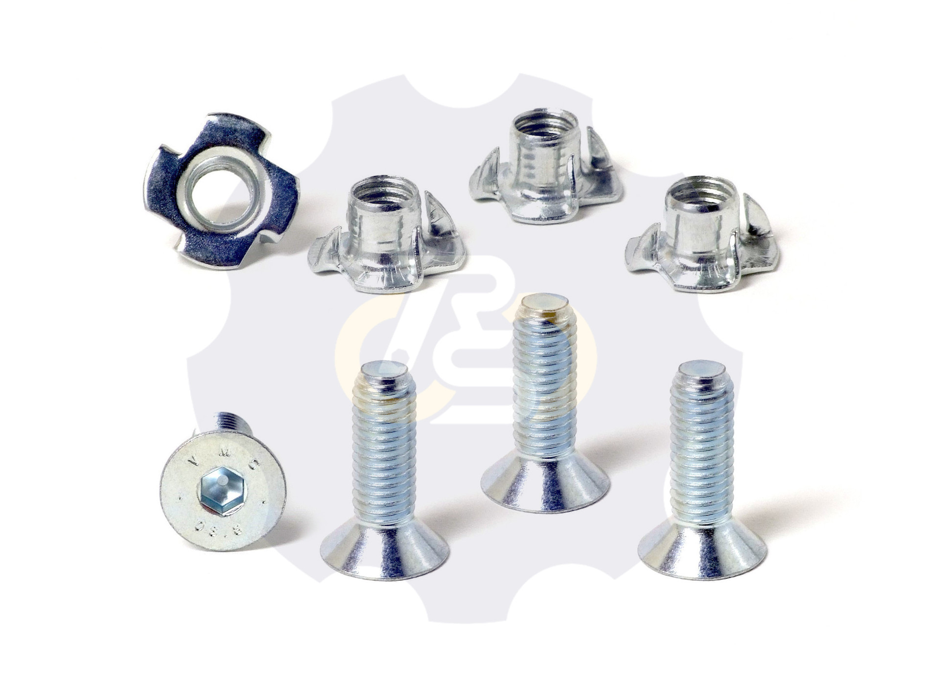 4 vienetai – M8 x 25 Zn Varžtas įleidžiama galva + 4 vienetai – NEM8x10 Įkalama veržlė