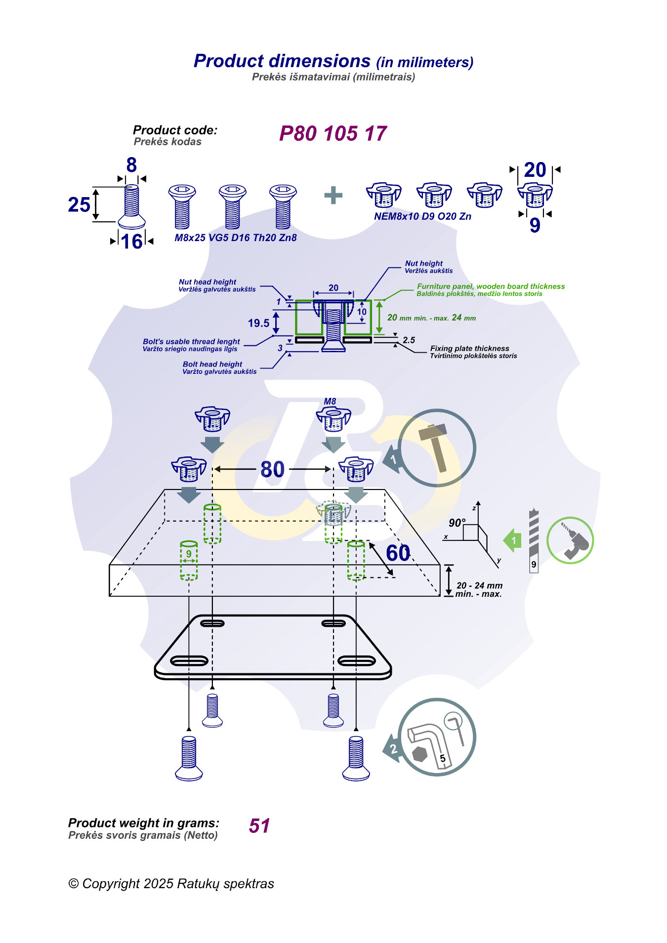 4 vienetai – M8 x 25 Zn Varžtas įleidžiama galva + 4 vienetai – NEM8x10 Įkalama veržlė - Image 2