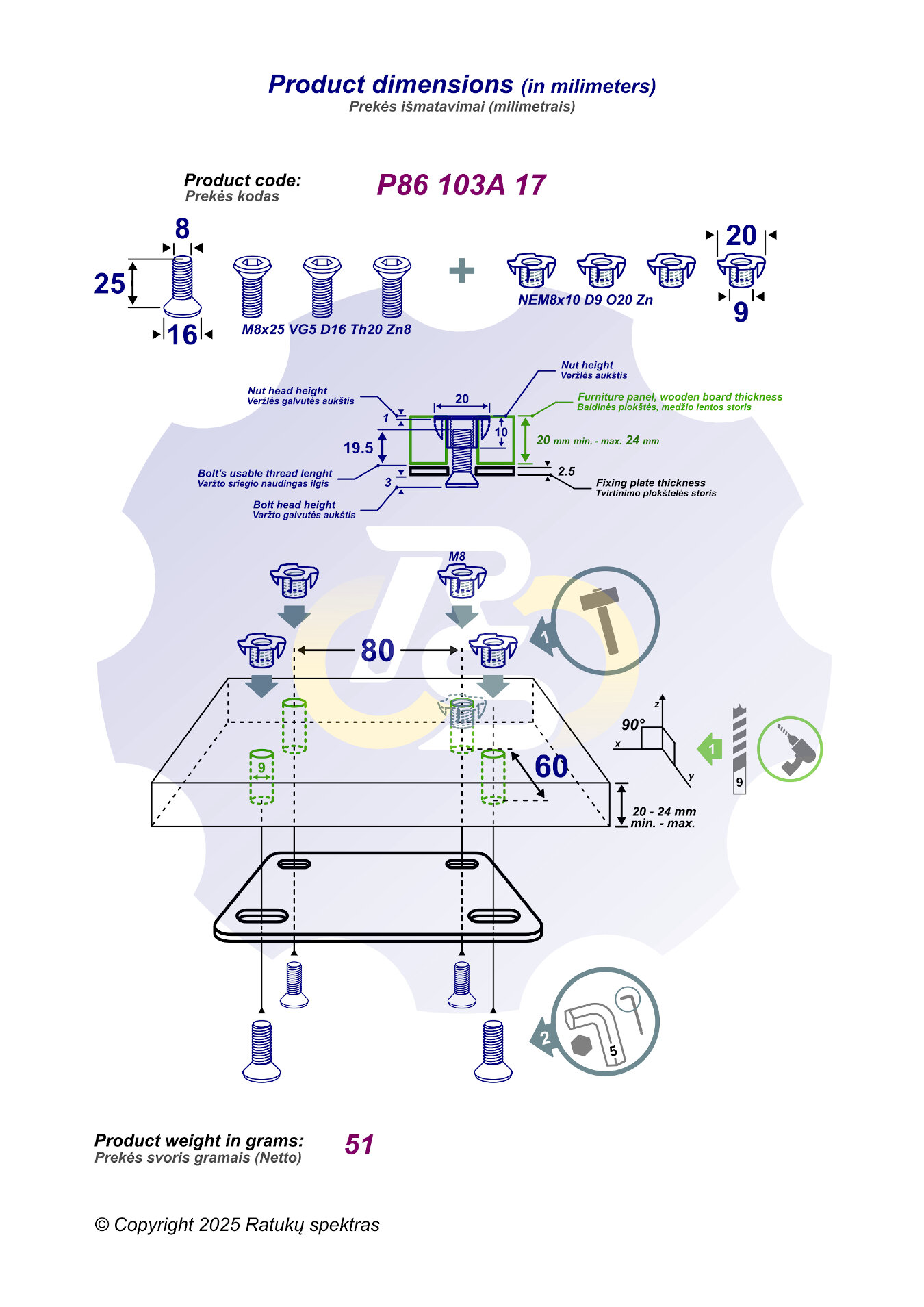 4 vienetai – M8 x 25 Zn Varžtas įleidžiama galva + 4 vienetai – NEM8x10 Įkalama veržlė - Image 2