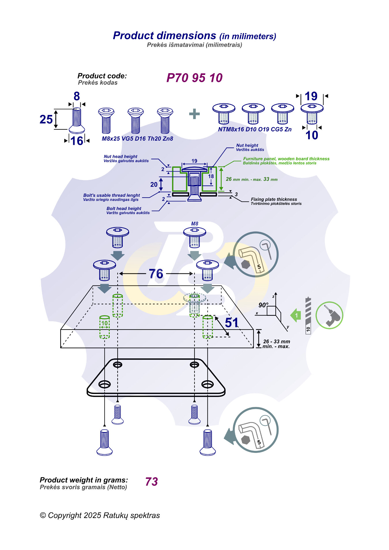 4 vienetai – M8 x 25 Zn Varžtas įleidžiama galva + 4 vienetai – NT M8 x 16 Zn T-formos veržlė - Image 2