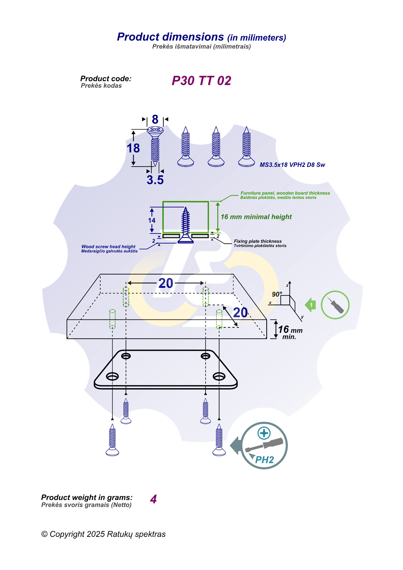 4 vienetai – MS 3.5 x 18 Sw Medsraigtis, juodas - Image 2