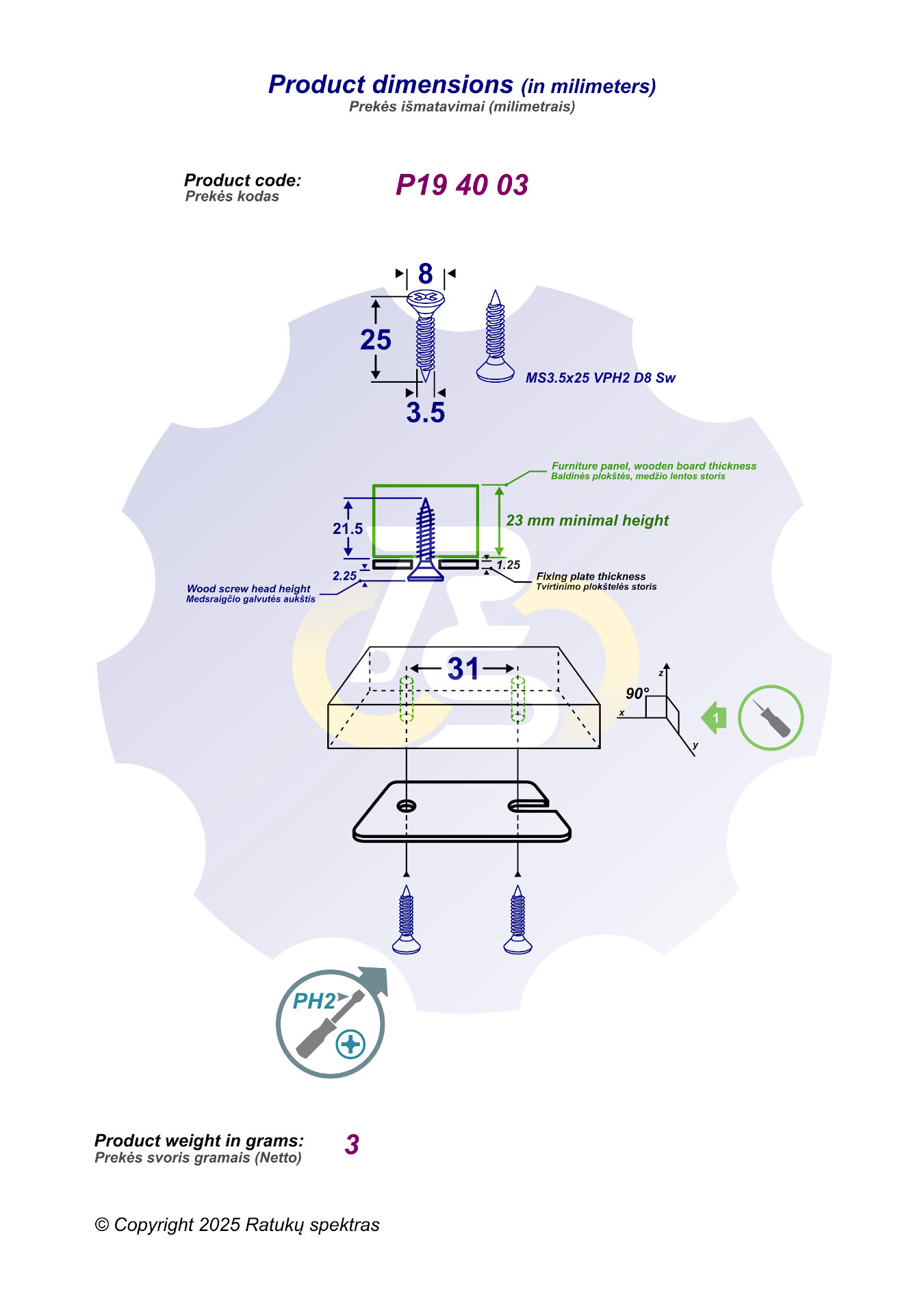 2 vienetai – MS 3.5 x 25 Sw Medsraigtis, juodas - Image 2
