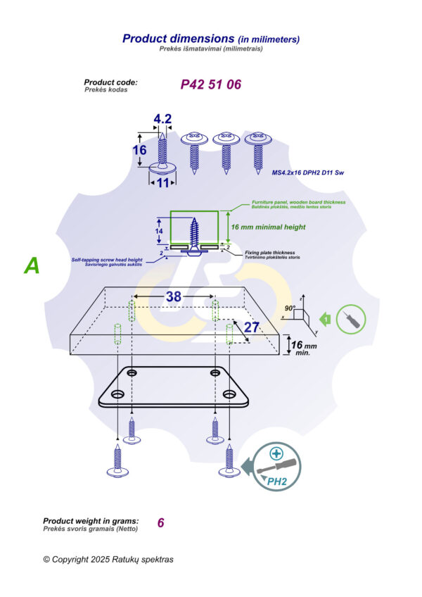 4 vienetai – MS 4.2 x 16 Sw Savisriegis, juodas - Image 2