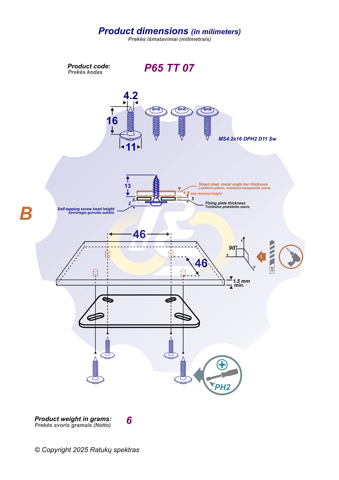4 vienetai – MS 4.2 x 16 Sw Savisriegis, juodas - Image 3