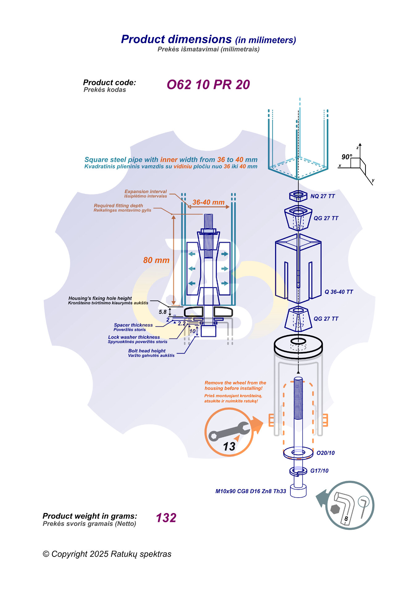 Q36-40 mm Išsiplečiantis tvirtinimas kvadratiniam vamzdžiui - Image 4