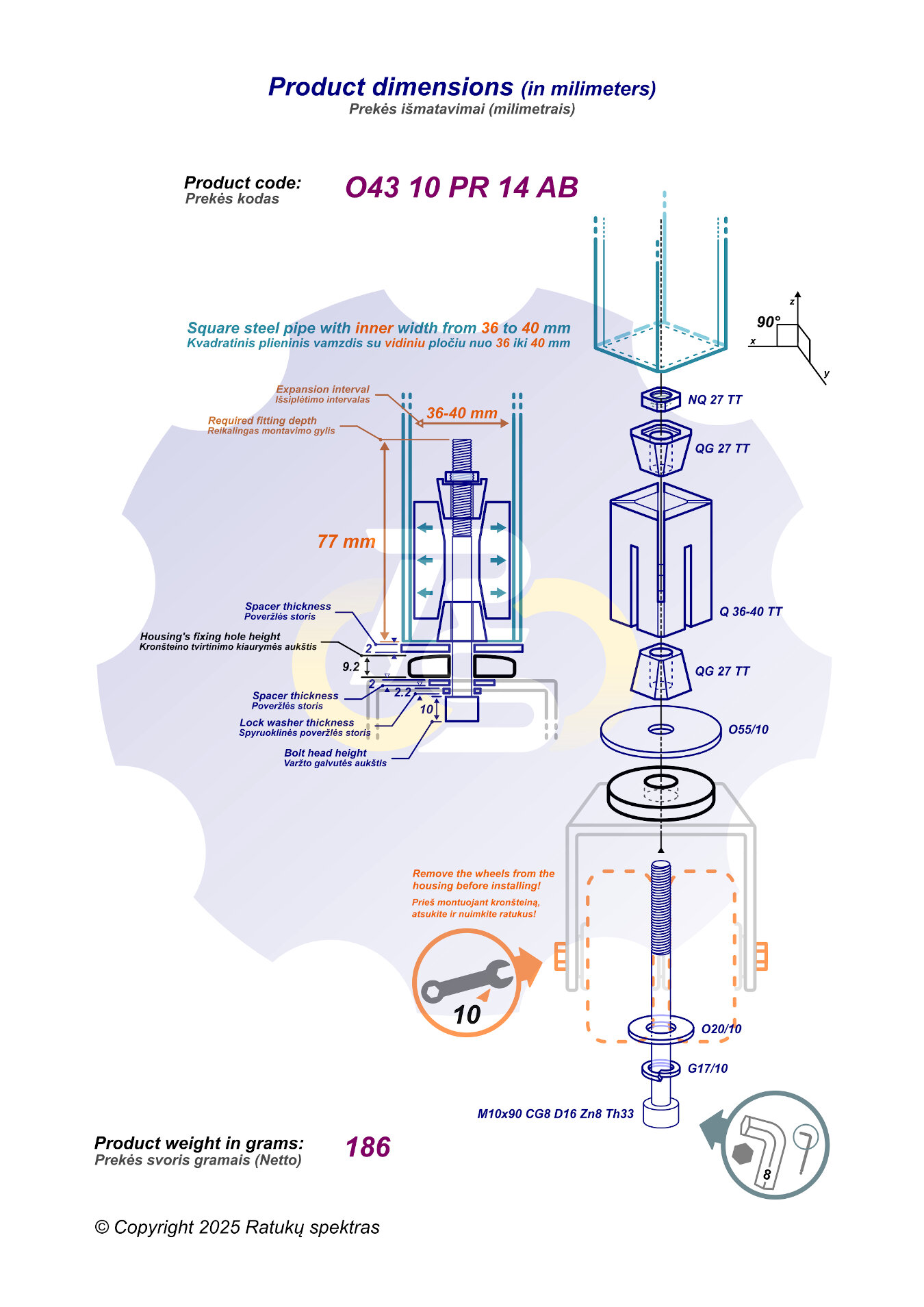 Q36-40 mm Išsiplečiantis tvirtinimas kvadratiniam vamzdžiui - Image 4