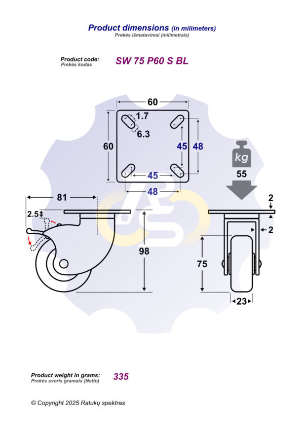 D75 H98 55KG Pasukamas ratukas su stabdžiu, su plokštele 60x60 - Image 2