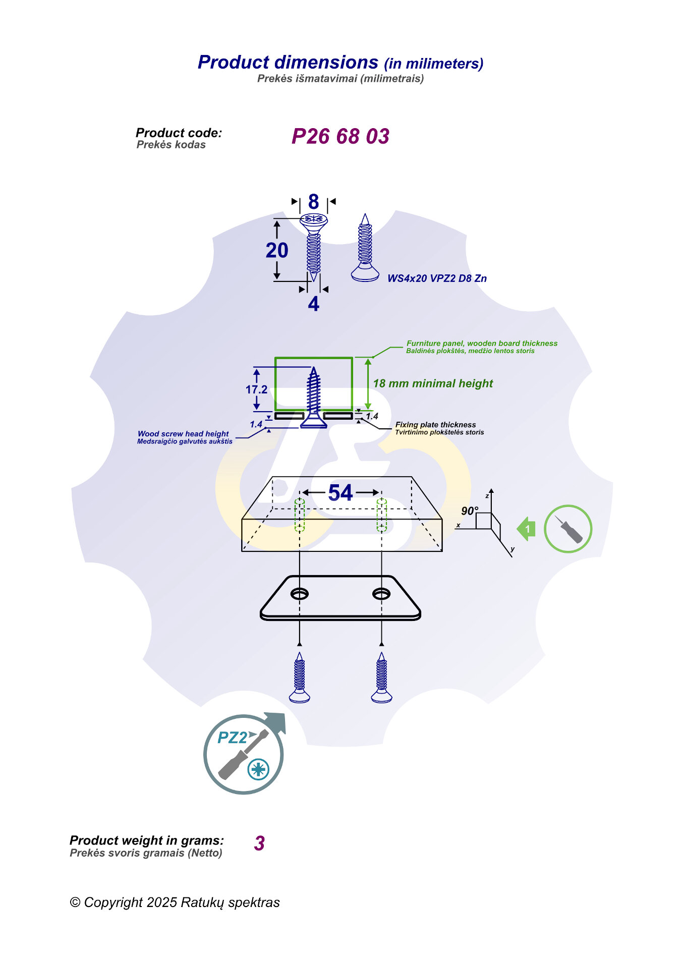 2 vienetai – WS 4 x 20 Zn Medsraigtis, cinkuotas - Image 2