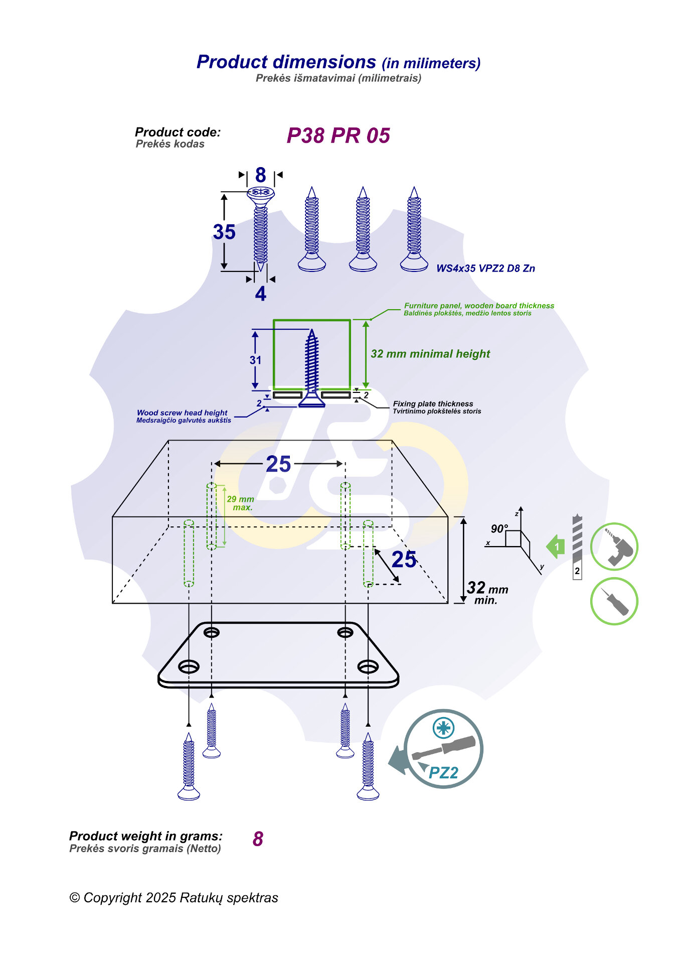 4 vienetai – WS 4 x 35 Zn Medsraigtis, cinkuotas - Image 2