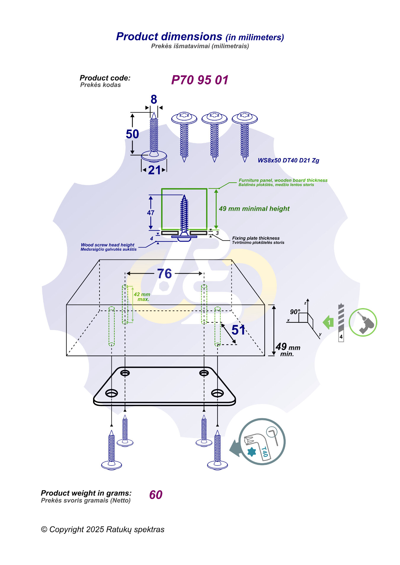 4 vienetai – WS 8 x 50 Zg Medsraigtis, cinkuotas - Image 2